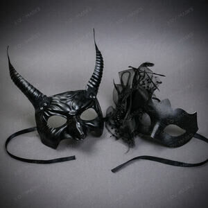 Black Devil Horn Demon Mask & Tulle Glitter Masquerade Couple Mask Set